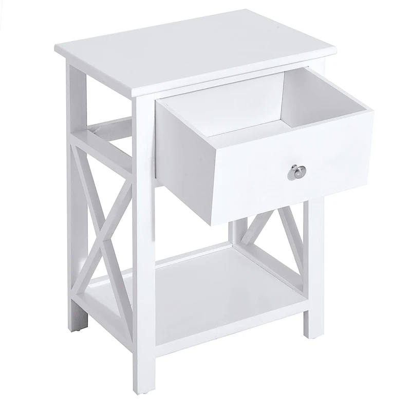 HOMCOM Wooden End Table Bedroom Nightstand Coffee Table Open Cabinet w/ Drawer and Shelf White