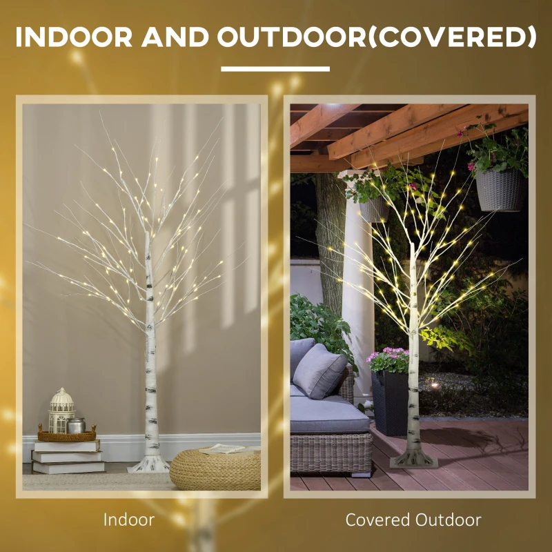 HOMCOM 5 ft Artificial Birch Tree Light with Pre-Lit LED Light for Home Party, Indoor and Covered Outdoor Use