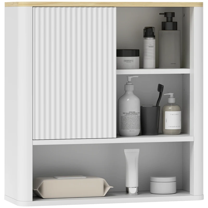 HOMCOM Bathroom Wall Cabinet, Medicine Cabinet with Fluted Panel, Curved Bathroom Cabinet with Adjustable Shelves, White