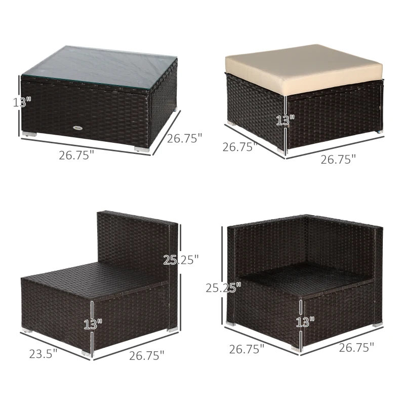 Outsunny 6 Piece Patio Furniture Set Outdoor Wicker Conversation Set All Weather PE Rattan Sectional Sofa Set with Ottoman, Cushions and Tempered Glass Table, Coffee and Beige