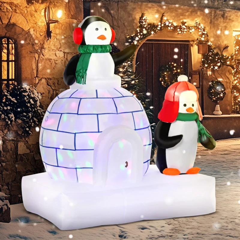 HOMCOM 5 ft Lighted Christmas Inflatables Outdoor Decorations Penguins with a Scarf and Igloo, Rotating Colorful Light, Holiday Yard Christmas Decor