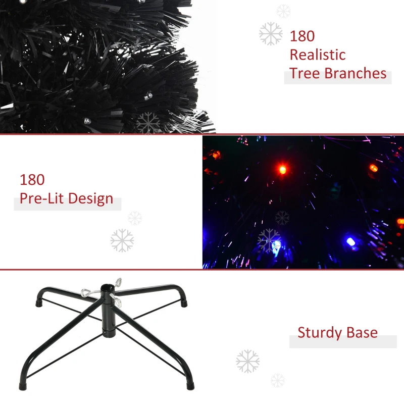 HOMCOM 5ft Prelit Artificial Christmas Tree with LED Lights, Multicolored Fiber Optics and Realistic Branch Tips, Black