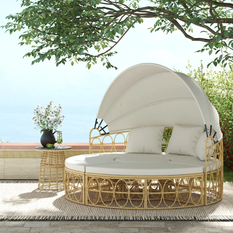 Outsunny Patio Furniture Set, Round Outdoor Daybed with Retractable Canopy, Hollow Wicker PE Rattan Sectional Sofa with Washable Couch Cushions for Pool, Lawn, Cream White
