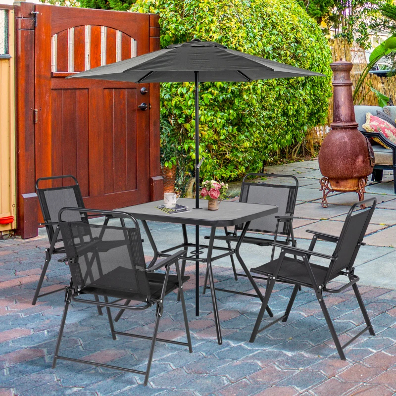 Outsunny 5-Piece Outdoor Dining Set with 4 Foldable Armchairs, Patio Furniture Sets with Umbrella Hole & Wood-plastic Composite Top Dining Table, Mesh Seat, Black