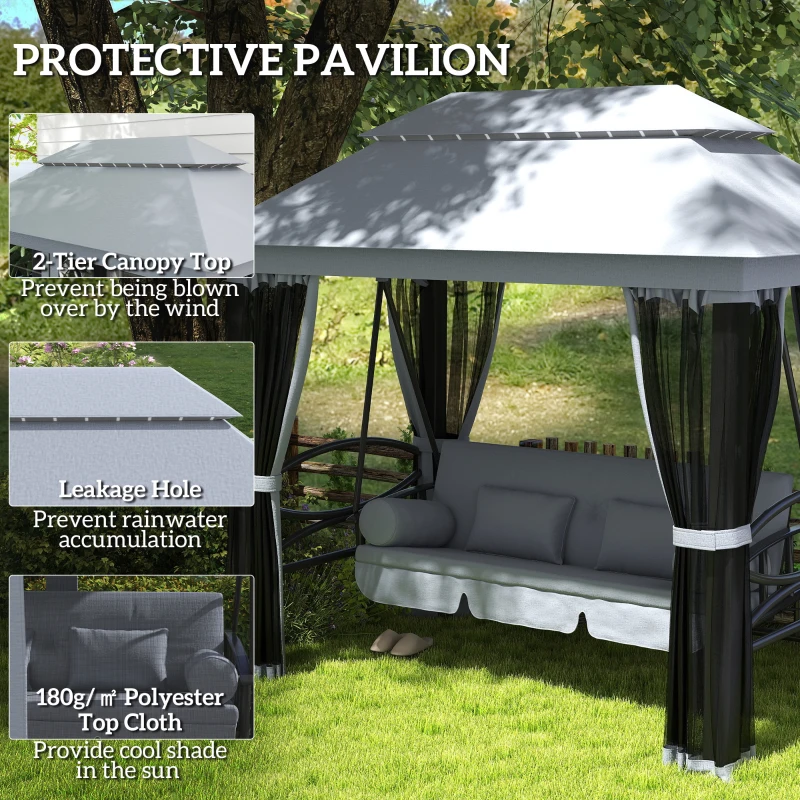 Outsunny 3-Seat Patio Swing Chair, Outdoor Gazebo Swing with Double Tier Canopy, Mesh Sidewalls, Cushioned Seat and Pillows, Gray