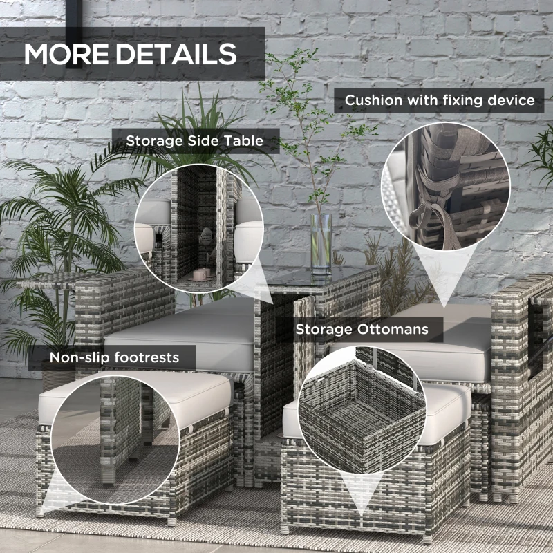 Outsunny 5PC Wicker Patio Lounger, Outdoor PE Rattan 5-level Adjustable Recliner Sofa Bed with Storage Side Table and Footstools, for Patio, Garden, Poolside, Grey