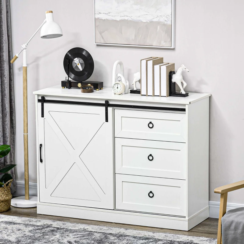 HOMCOM Farmhouse Kitchen Sideboard, Buffet Cabinet with Sliding Barn Door and 3 Storage Drawers for Living Room, White