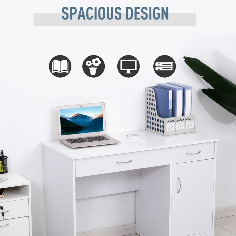 HOMCOM Computer Desk with Storage Drawers, Study Writing Table with Cabinet Adjustable Shelf for Home Office Workstation Bedroom, White