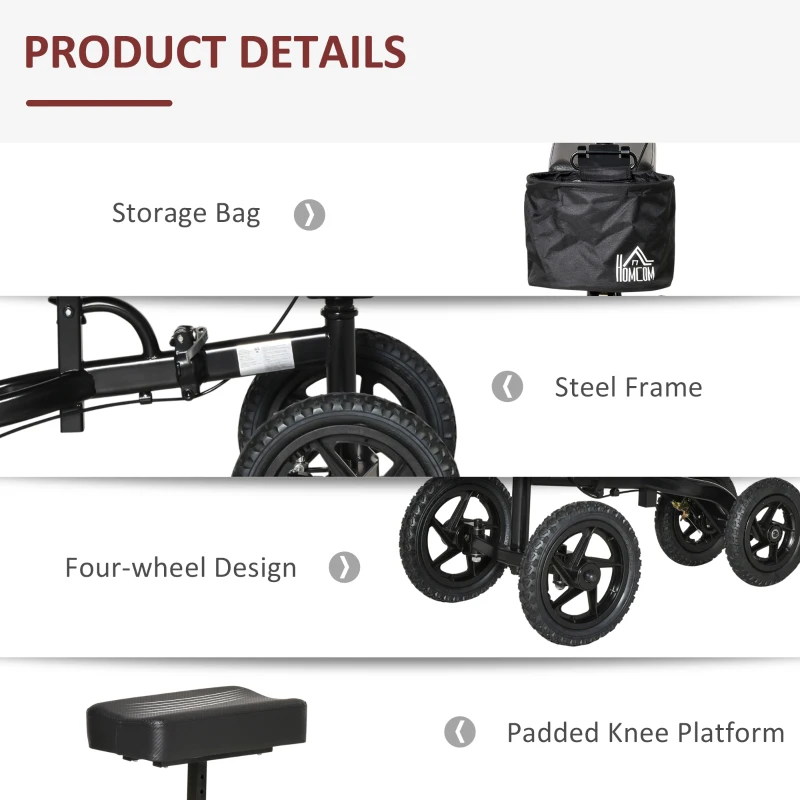 HOMCOM Knee Walker, Foldable Steerable Medical Knee Scooter, Crutch Alternative with Braking System, Storage Bag for Foot Injuries, Black