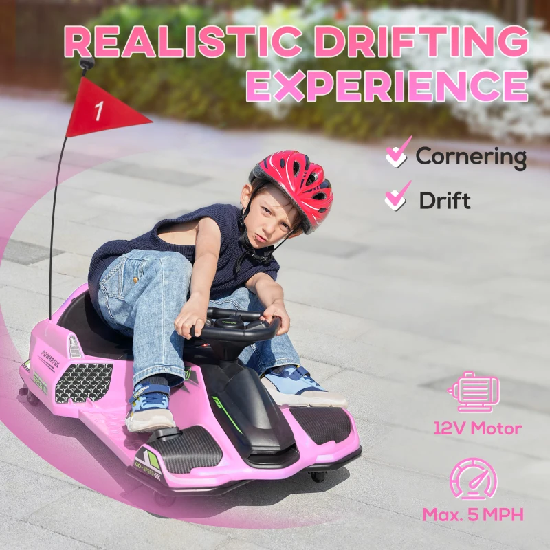 Aosom 12V Electric Drifting Go Kart w/ Slow Start, Music, Lights, Pink(m-4)