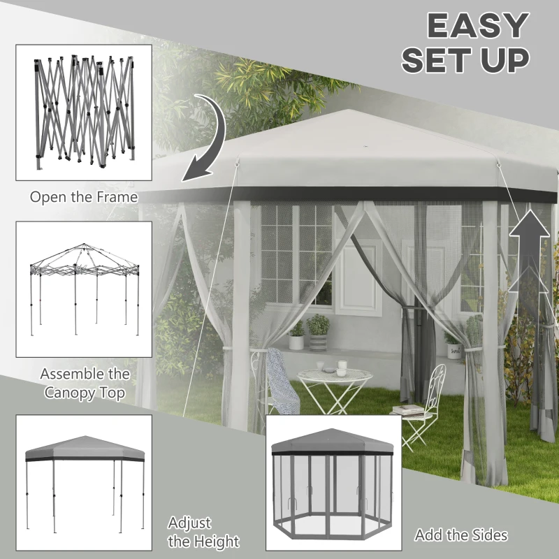Outsunny 12'x12' Pop Up Canopy, Hexagon Gazebo with Netting, Carry Bag, Height Adjustable Instant Shelter, Grey