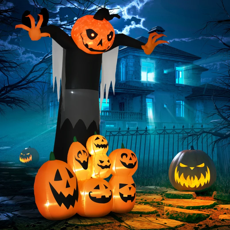 HOMCOM 9ft Halloween Inflatables Outdoor Decorations, Pumpkin Ghost with Pumpkin Patch, Outdoor Giant Blow Up Yard Decor with Build-in LED for Garden, Lawn, Party, Holiday