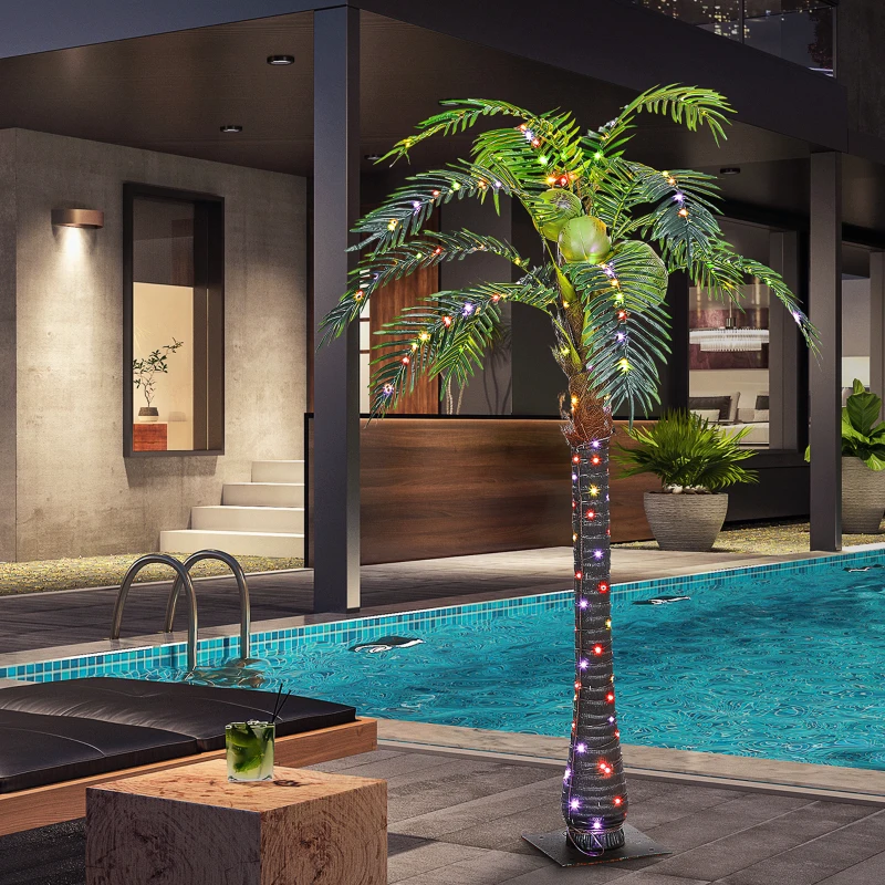 Outsunny 5' Artificial Light Up Palm Tree Lighted Tropical Fake Tree with Remote 200 Lights 3 Coconuts for Outdoor Indoor Green