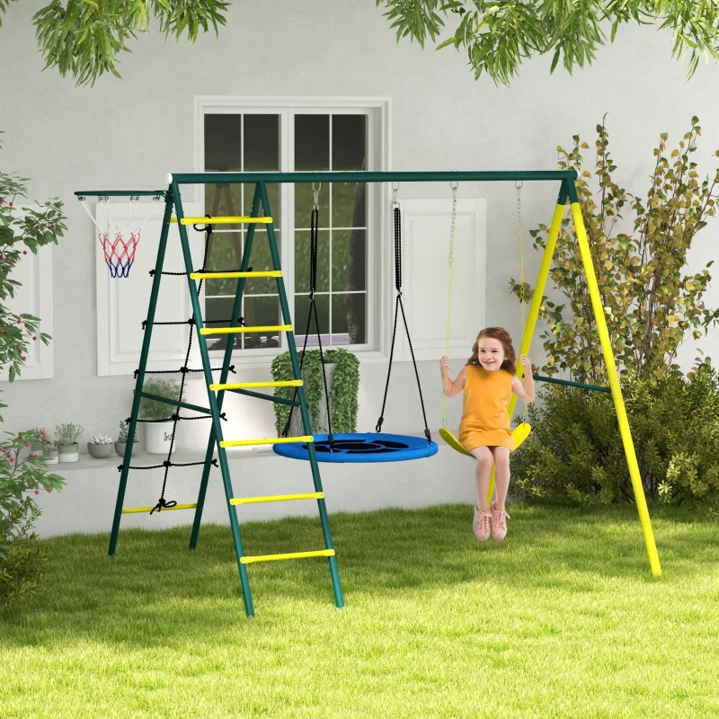 Outsunny 4 in 1 Swing Set for Kids with Saucer Swing, Seat, Climbing Ladder/Net, Basketball Hoop for 3-8 Years Old, Yellow