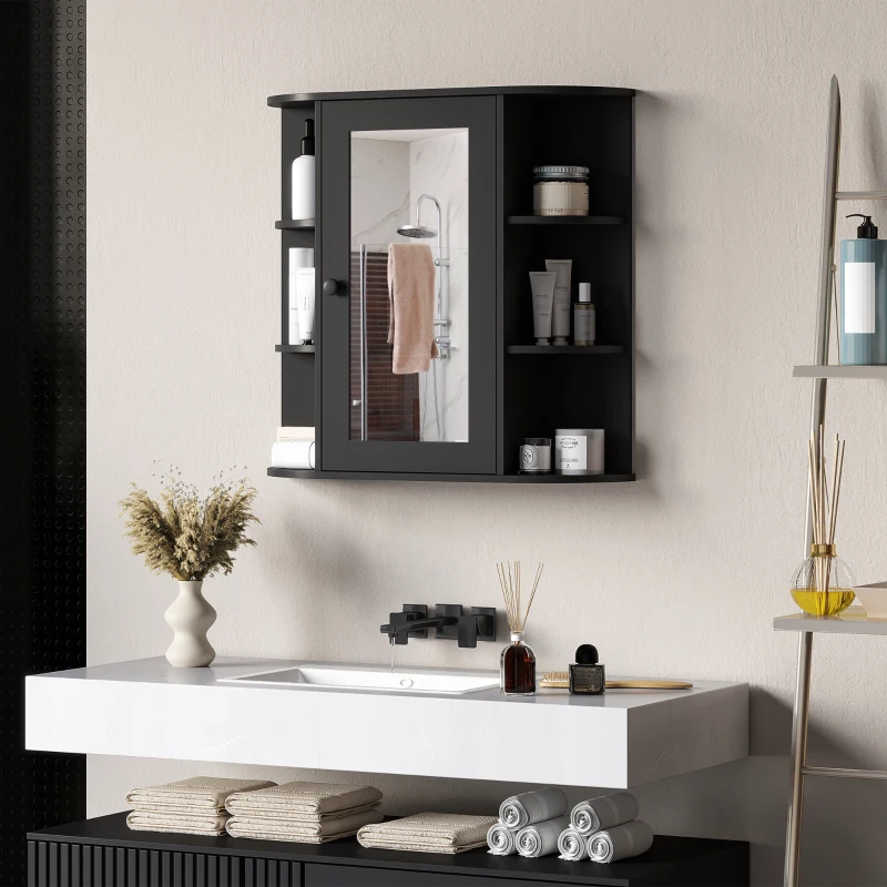 HOMCOM Mirrored Bathroom Wall Cabinet Wall Mounted Medicine Cabinet with Door & Shelves, Black
