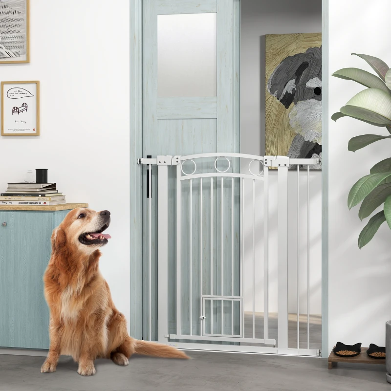 PawHut 42" Extra Tall Dog Gate w/ Cat Door, 2 Extension Kits, for Doorways, Hallways, Stairways, 30"-41" Width