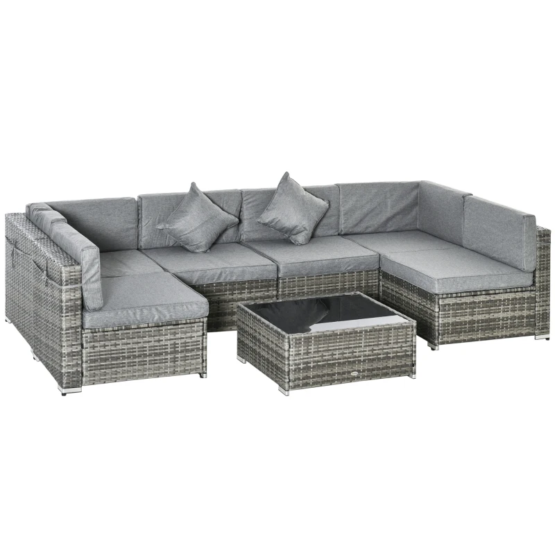 Outsunny 7pc Garden Wicker Sectional Set w/ Tea Table Patio Rattan Lounge Sofa Outdoor Deck Furniture Light Grey