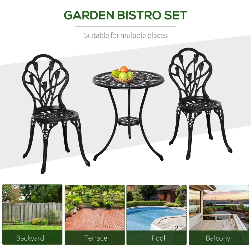 Outsunny 3PCs Patio Bistro Set, Outdoor Cast Aluminum Garden Table and Chairs with Umbrella Hole for Balcony, Black