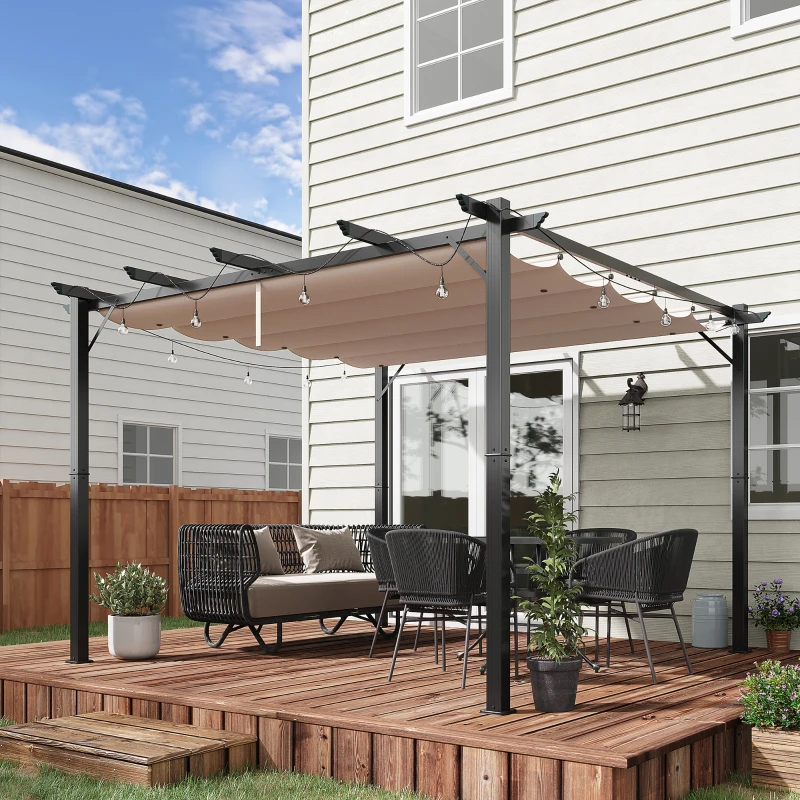 Outsunny Retractable Roof Pergola 10x10 Retractable Canopy 9.8x9.8 Outdoor Shelter for Home & Garden Coffee Brown