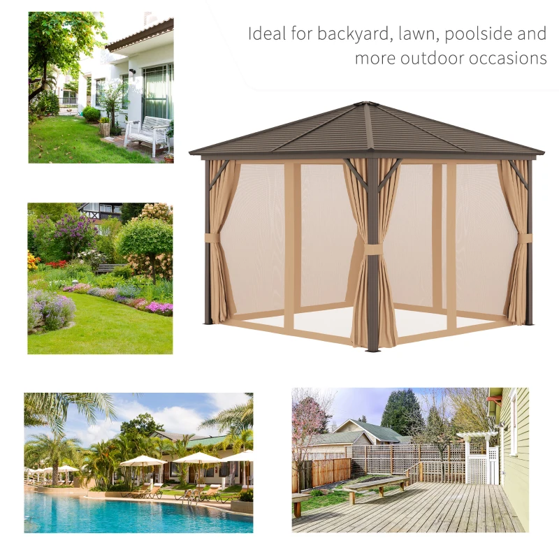 Outsunny 10' x 10' Hardtop Gazebo Outdoor Aluminum Gazebo Canopy with Mosquito Netting, Curtains, Hanging Hook, Brown