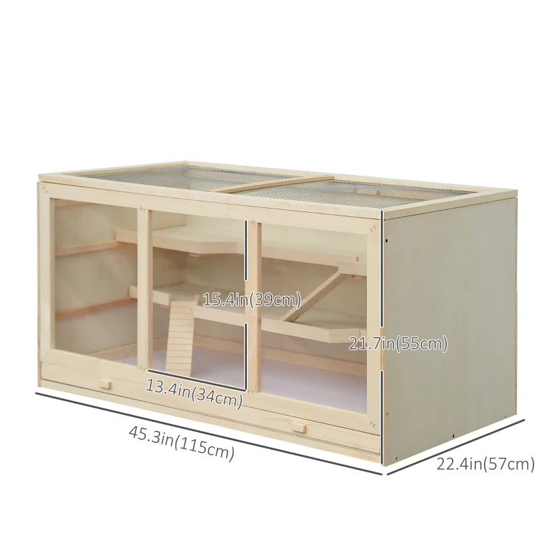 PawHut Wooden Hamster Cage Rat Cage with Slide, Tray, Natural Wood