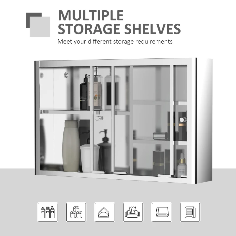 kleankin 24'' x 15'' Wall Mounted Bathroom Medicine Cabinet Sliding Door with Storage Shelves, Stainless Steel, Silver