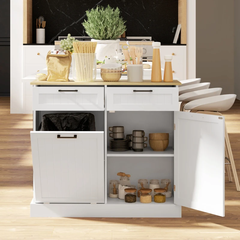 HOMCOM Hidden Garbage Bin Cabinet, Tilt Out Trash Cabinet w/ 2 Drawers, Freestanding Kitchen Island for Laundry, White