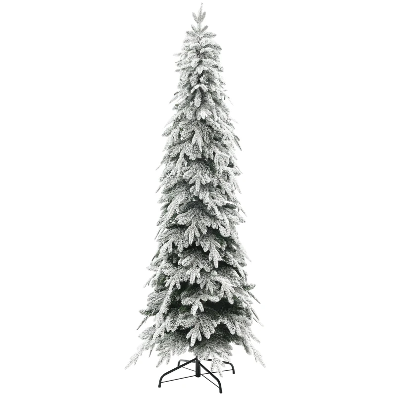 HOMCOM 7ft Pencil Flocked Artificial Christmas Tree with 800 Branch Tips, Auto Open and Steel Base, Green