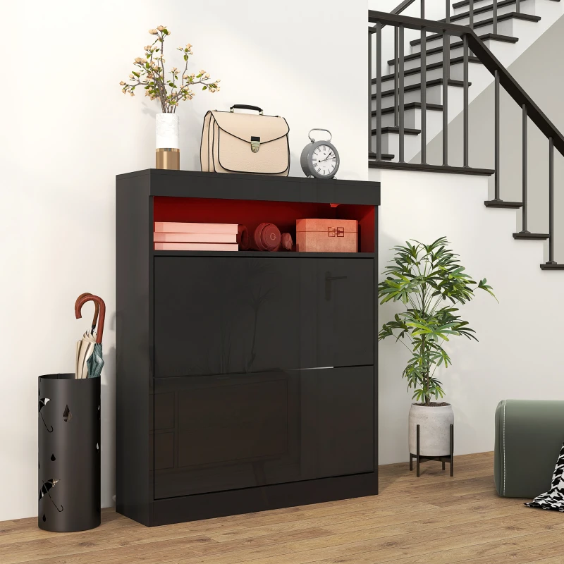 HOMCOM Wall Mounted or Freestanding Shoe Storage Cabinet with LED Light and 2 Flip Drawers for 12-16 Pairs of Shoes