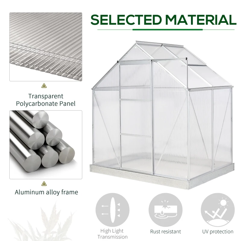 Outsunny 6' x 4' Hobby Greenhouse, Walk-in Polycarbonate Hot House Kit with Aluminum Frame, Sliding Door, Roof Vent, Silver