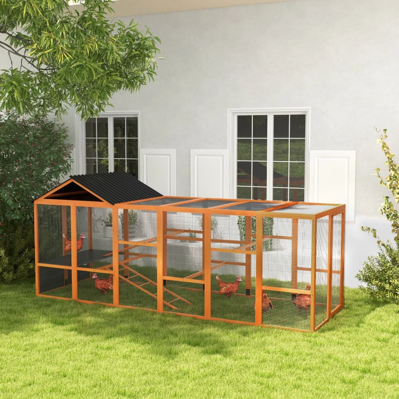 PawHut Wooden Chicken Coop Run for 6 - 10 Chickens, Hen House Add-On with Storage, Perches, 141.75" x 48" x 61", Orange