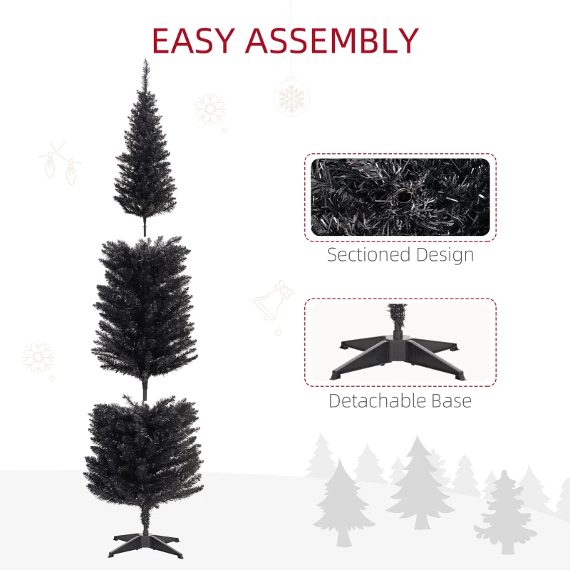 HOMCOM 7ft Pencil Christmas Tree, Slim Artificial Christmas Tree with Realistic Branches and Warm White LED Lights, Black