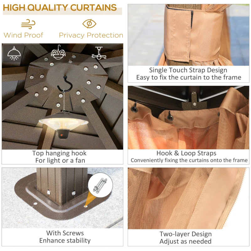 Outsunny 10' x 10' Hardtop Gazebo Outdoor Aluminum Gazebo Canopy with Mosquito Netting, Curtains, Hanging Hook, Brown