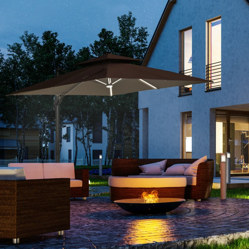 Outsunny 10x10ft Shade Umbrella with Solar LED Cold Lighted & Power Bank with Adjustable Angle for Backyard, Brown
