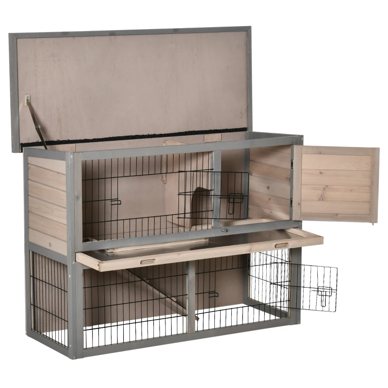 PawHut 2-tier Wood Rabbit Hutch Backyard Bunny Cage Habitat Small Animal House w/ Ramp, Slide Out Tray and Outdoor Run, Light Grey