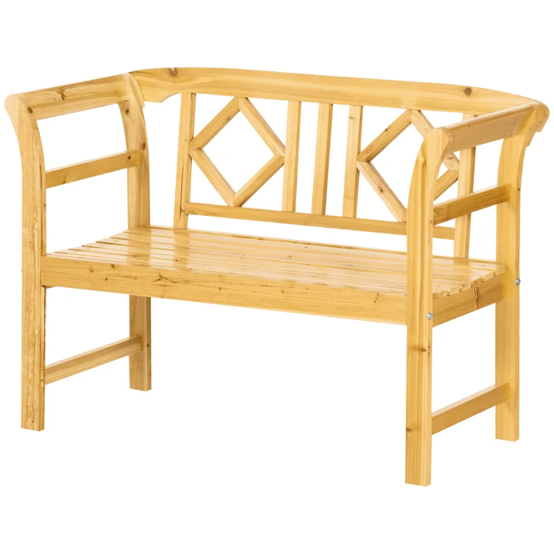 Outsunny Outdoor Wooden Bench, Patio Loveseat Chair with Stylish Pattern Backrest and Armrests for Yard, Lawn, Porch, Natural