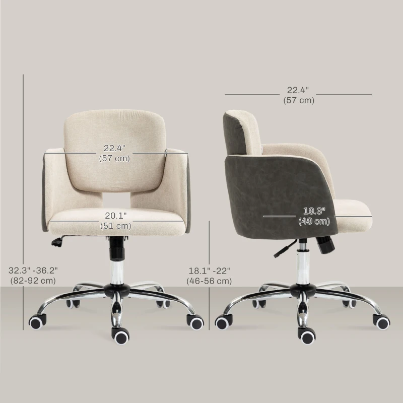 HOMCOM Small Desk Chair, Height Adjustable Fabric Office Chair with Swivel Wheels, Tilt Function, Computer Chair, Cream White