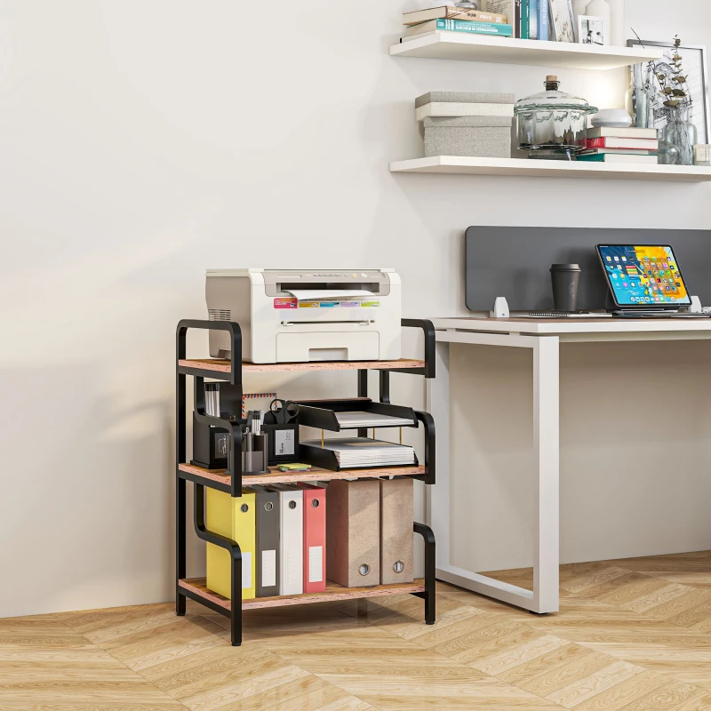 HOMCOM Free Standing Metal Storage Shelf, 3-Tier Small Shelving Unit, Printer Stand for Home Office, Living Room, Brown