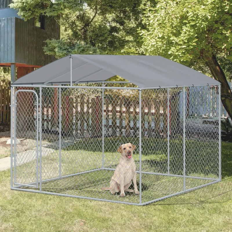 PawHut Outdoor Dog Kennel Galvanized Steel Fence with Cover Secure Lock Mesh Sidewalls for Backyard 9.8' x 9.8' x 7.7'