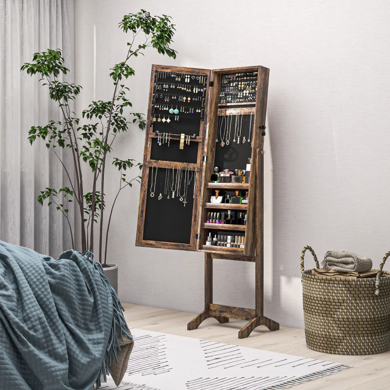 HOMCOM Lockable Mirror Jewelry Cabinet, Full-Length Mirror and Jewellery Storage with 3 Adjustable Angles, Rustic Brown