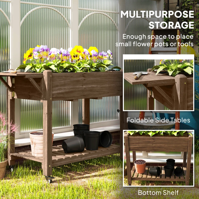 Outsunny Wood Raised Planter Box, Elevated Garden Bed with Lockable Wheels, Side Tables, Bottom Shelf, Drain Holes, Carbonized