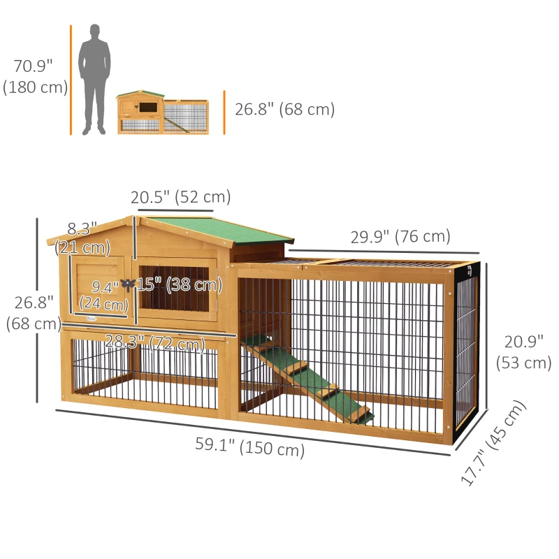 PawHut Wood Rabbit Hutch w/ Ramp, Openable Roof, Pull-out Tray, Yellow