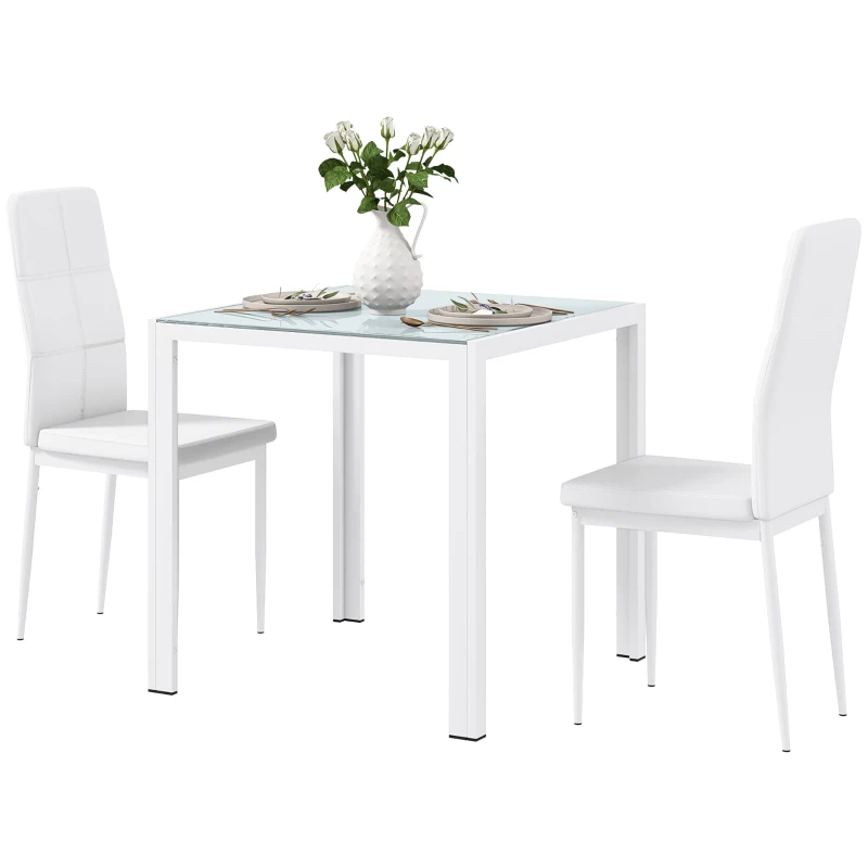 HOMCOM 3-Piece Rectangular Glass Kitchen Table and Chairs with Metal Frame and Faux Leather Upholstery for Dining Room, White