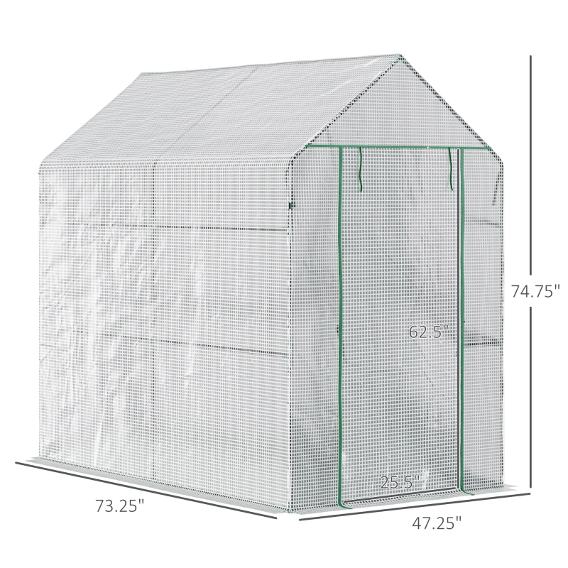 Outsunny 73" x 47" x 75" Walk-in Greenhouse Outdoor Portable Plant Flower Growth Warm House Garden Tunnel Shed with Roll-up Door and 4 Shelves, White