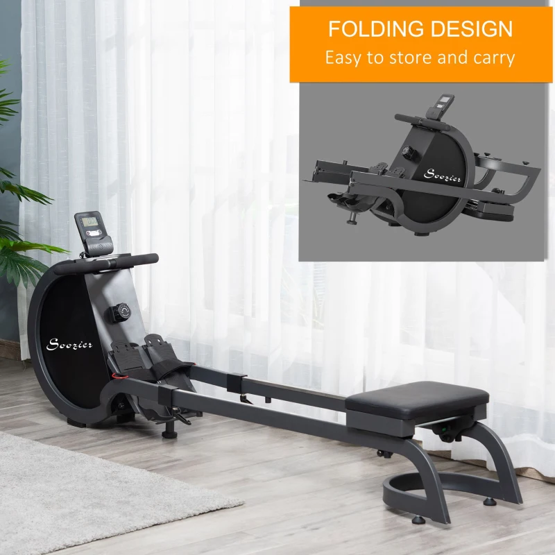 Soozier Rowing Machine with 16 Adjustable Resistance Levels Magnetic Foldable Rower with 2 Aluminum Slide Rails, Digital Monitor, for Home Use, Gym, Office