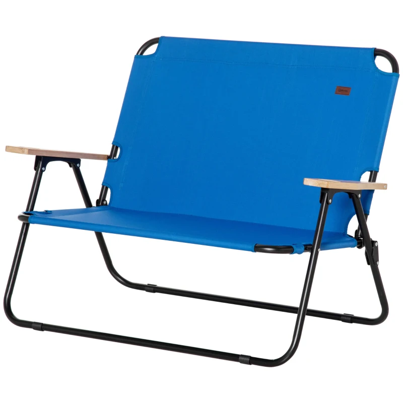 Outsunny Double Folding Camping Chair, Loveseat for 2 Adults, Portable Camping Couch with Wood Armrest & Cupholders, for Backpacking, Beach, Sports Travel, Blue