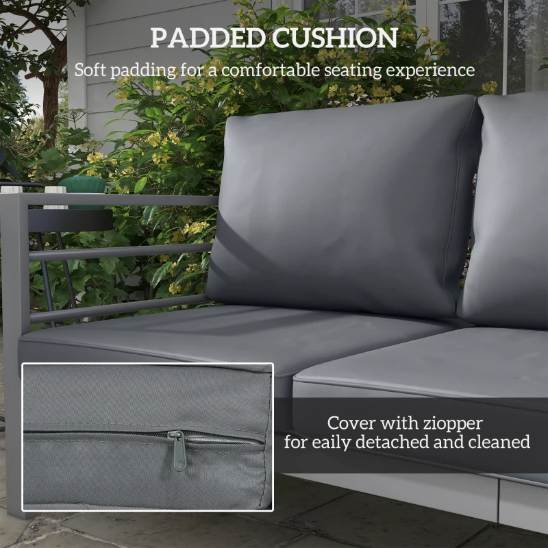 Outsunny Aluminum Garden Sofa, 3-Person Outdoor Couch, Backyard Furniture for 3-person with Cushions, 72.8" x 26" x 25.2", Grey