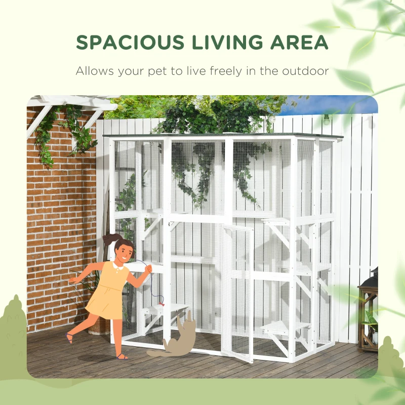 PawHut Outdoor Cat House Big Catio Wooden Feral Cat Shelter Enclosure with Large Spacious Interior, 6 High Ledges, Weather Protection Asphalt Roof, 71" L, White