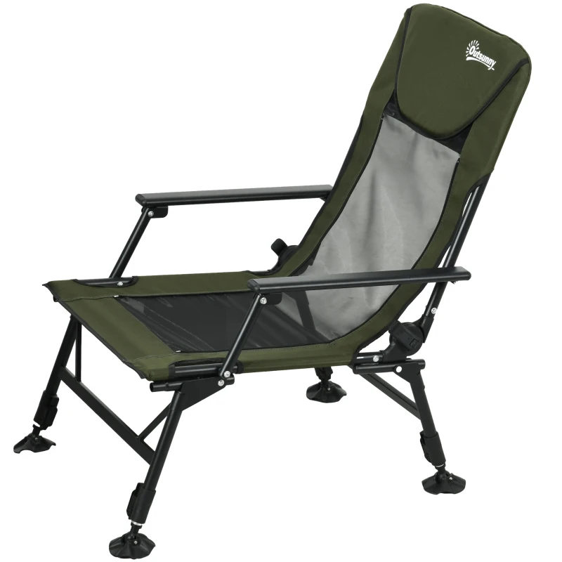 Outsunny Folding Fishing Chair, 330 lb Heavy Duty Camping Chair with Reclining Backrest, Footrest, Adjustable Legs, Dark Green