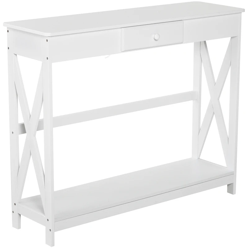 HOMCOM 39" Console Table, 2 Tier X-Design Narrow Entryway Table with Drawer and Storage Shelf for Behind Couch, Living Room, Hallway, White